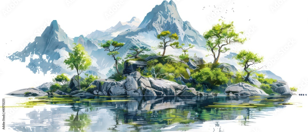 mountain with trees and water, watercolor painting, white background mountain with trees and water, watercolor painting, white background