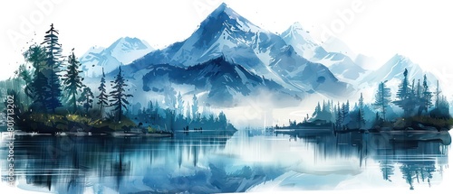 mountain with trees and water, watercolor painting, white background