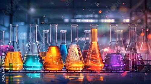 A collection of beakers and test tubes filled with colorful liquids is set against the backdrop of many glassware bottles used for technical medicine research equipment in a chemistry lab.