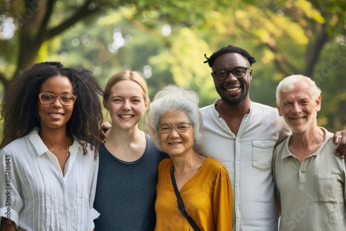 Group of diverse senior friends standing together in a park smiling at the camera