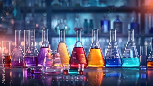 A collection of beakers and test tubes filled with colorful liquids is set against the backdrop of many glassware bottles used for technical medicine research equipment in a chemistry lab.