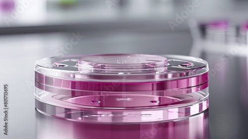 Close-up image of a scientific experiment with a petri dish containing a pink liquid. photo