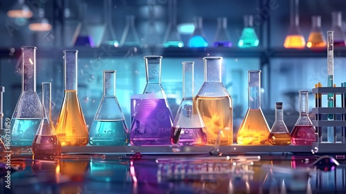A collection of beakers and test tubes filled with colorful liquids is set against the backdrop of many glassware bottles used for technical medicine research equipment in a chemistry lab.