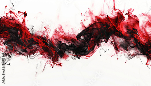 abstract background, thick line of black and red smoke like clouds of ink on a white background, wide 16:9
