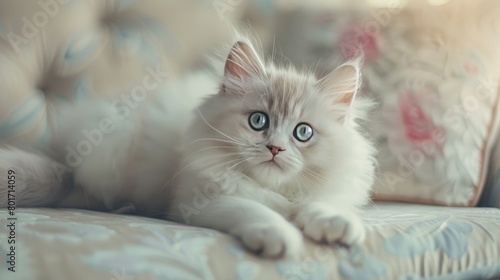 Cute long-haired white kitten with beautiful big blue eyes Ai generated