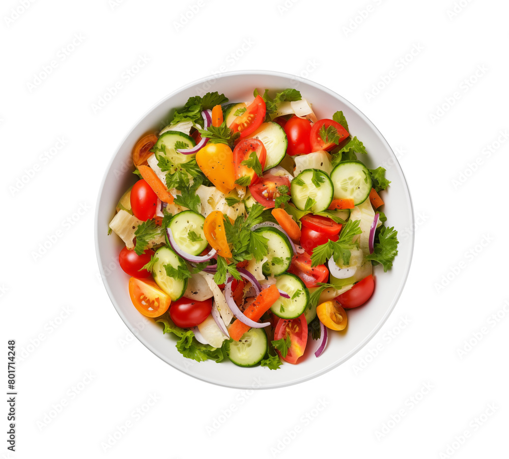Vibrant mixed salad with crisp cucumbers, cherry tomatoes, carrots, red onion, and lettuce in a white bowl on a top view. Generative AI Vibrant mixed salad with crisp cucumbers, cherry tomatoes, carrots, red onion, and lettuce in a white bowl on a top view. Generative AI
