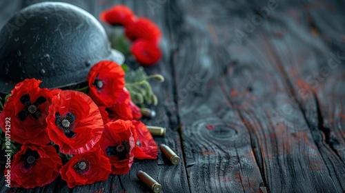 Soldier's Tribute: Red Poppies and Ammunition on Remembrance, Armistice, and ANZAC Day Background