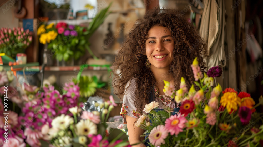A smiling woman surrounded by colorful flowers in a shop, depicting a florist at work, set against a warm light background. Generative AI