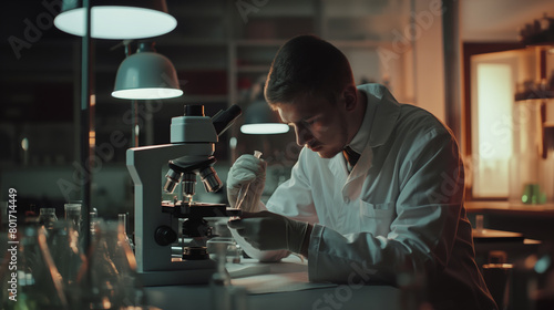 A male scientist analyzing samples with a microscope in a dark laboratory  evoking a serious research concept. Generative AI