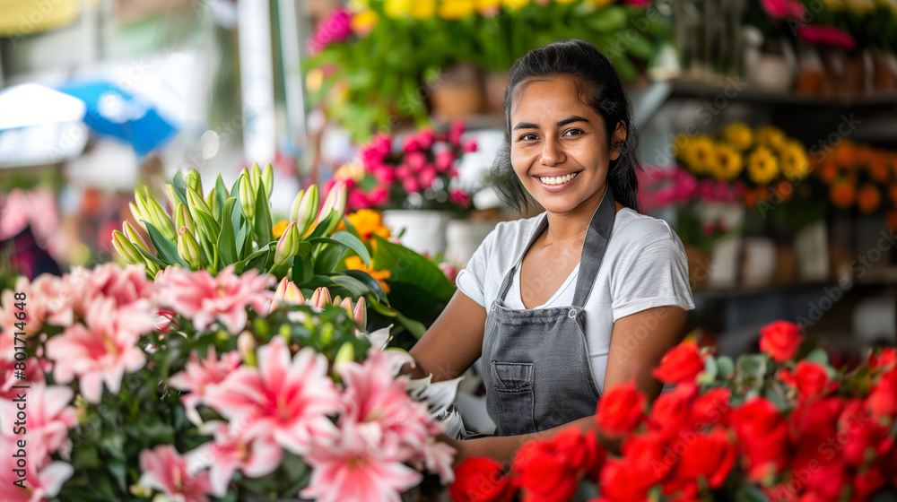 Smiling woman at a flower shop surrounded by colorful blooms, photo on a blurred floral background, concept of florist business, Generative AI
