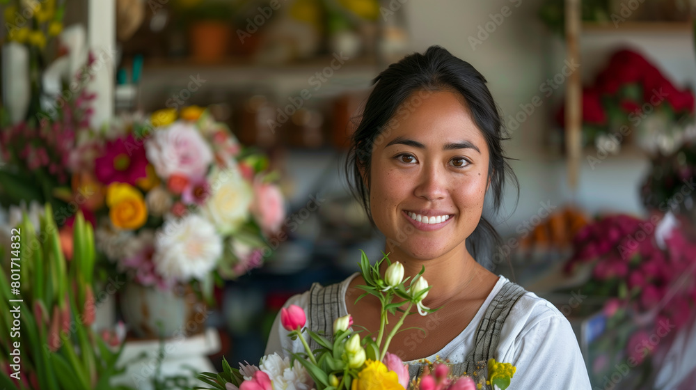 A smiling woman holding a bouquet of flowers in a flower shop, with blurred floral arrangements in the background, concept of floristry and happiness, Generative AI A smiling woman holding a bouquet of flowers in a flower shop, with blurred floral arrangements in the background, concept of floristry and happiness, Generative AI