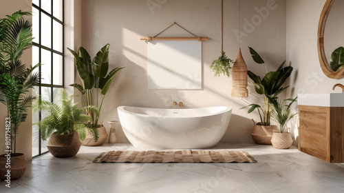 Modern bathroom interior with a freestanding bathtub  green plants in wicker pots  a blank framed poster  and natural light. Generative AI