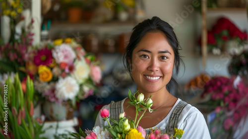 A smiling woman holding a bouquet of flowers in a flower shop, with blurred floral arrangements in the background, concept of floristry and happiness, Generative AI