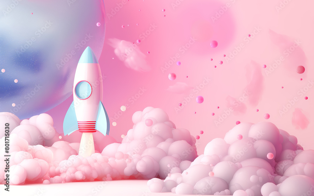 A stylized illustration of a rocket launching among clouds, set against a pink and blue background, symbolizing startup growth. Generative AI A stylized illustration of a rocket launching among clouds, set against a pink and blue background, symbolizing startup growth. Generative AI