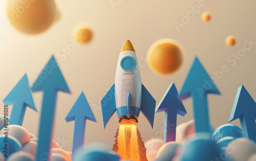 A rocket launching among rising arrows and spheres, representing business growth and startup concept on a warm background, Generative AI