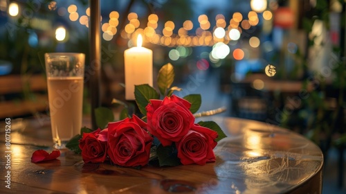 Romantic Table Setting with Red Roses, Candle, and Street Scene Backdrop