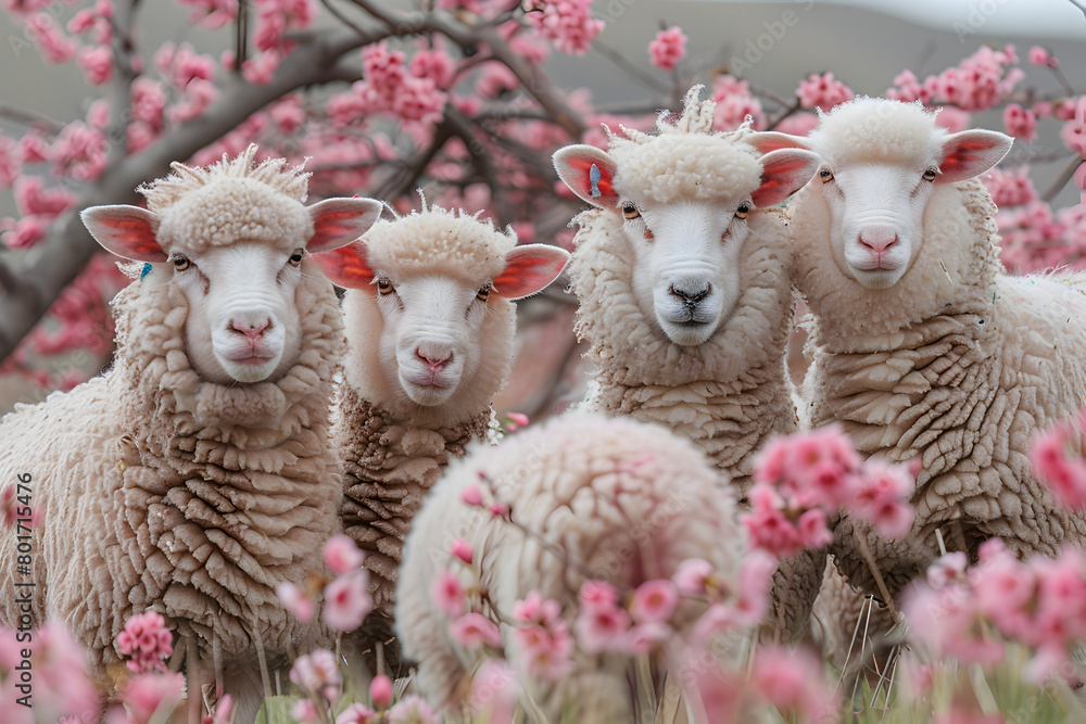 Obraz premium Flock of Woolly Sheep Gathered Under Flowering Cherry Tree in Springtime Countryside