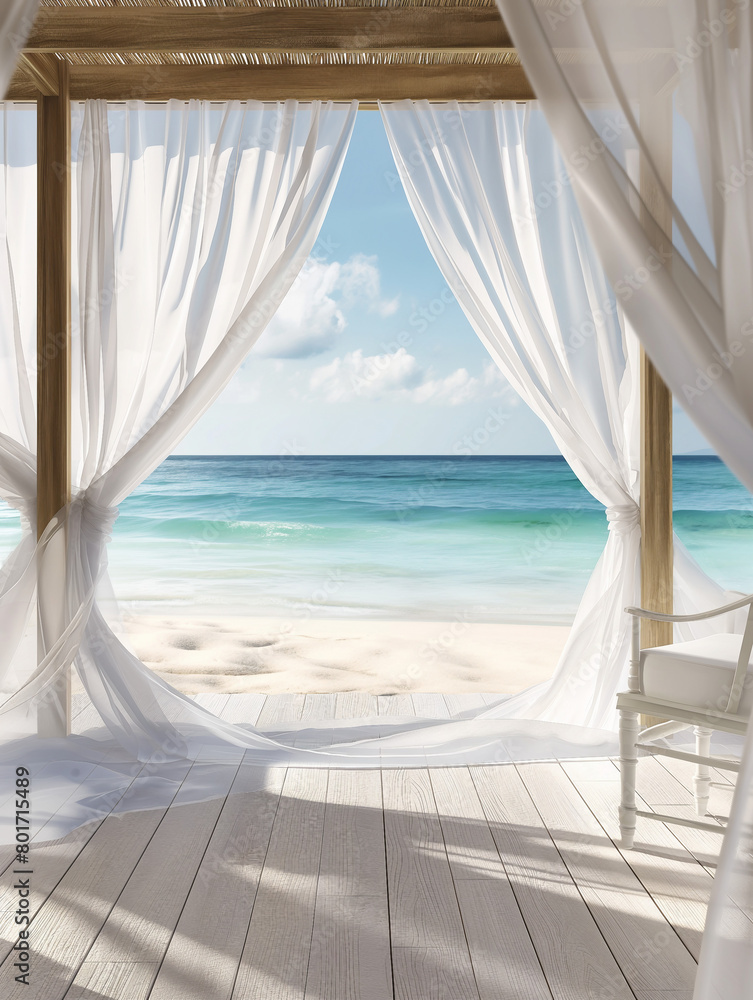 a beach scene with white linen curtains