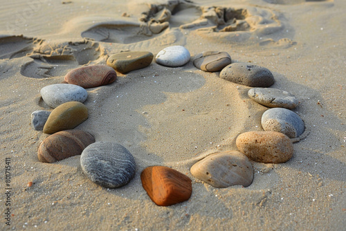 A collection of smooth stones arranged in a circle on the sand, perhaps the remnants of a beachside ritual.