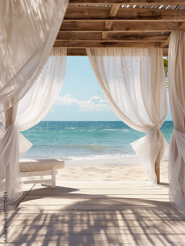 a beach scene with white linen curtains