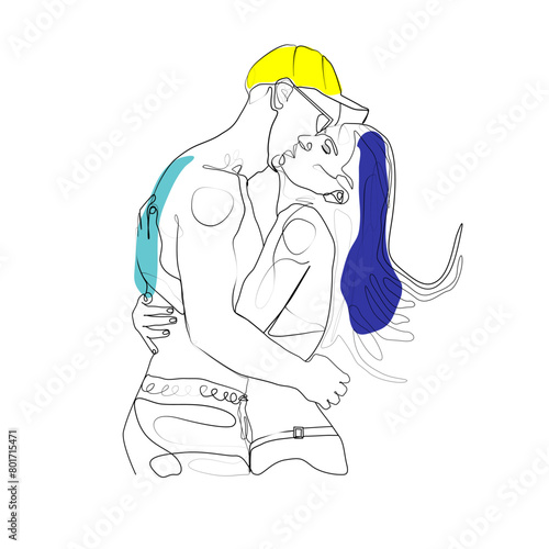 Single one line drawing of couple in kissing moment. Man kiss a girl vector illustration.