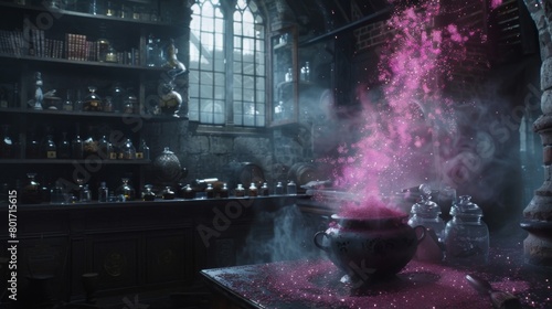 A potion master concocting a love potion in a secluded tower with shelves lined with mysterious ingredients and a bubbling cauldron . . photo
