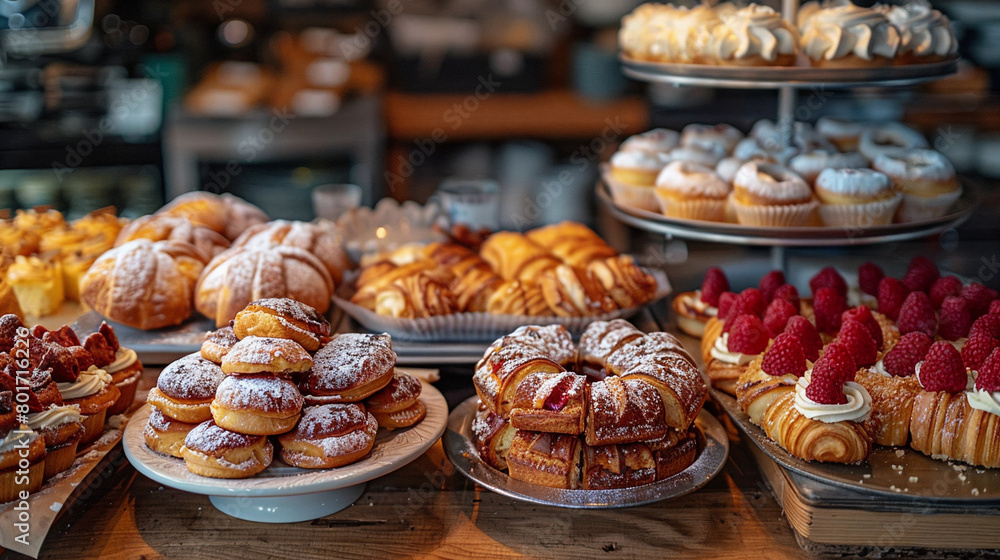 A vibrant story photo of a chic table full of French pastries in a café in London, sensual atmosphere