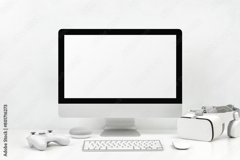 White computer screen, gamer aesthetic with blank space White computer screen, gamer aesthetic with blank space