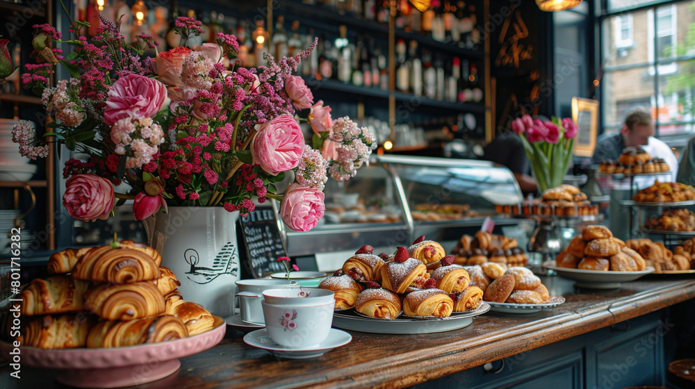 A vibrant story photo of a chic table full of French pastries in a café in London, sensual atmosphere