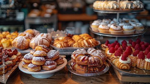 A vibrant story photo of a chic table full of French pastries in a caf   in London  sensual atmosphere