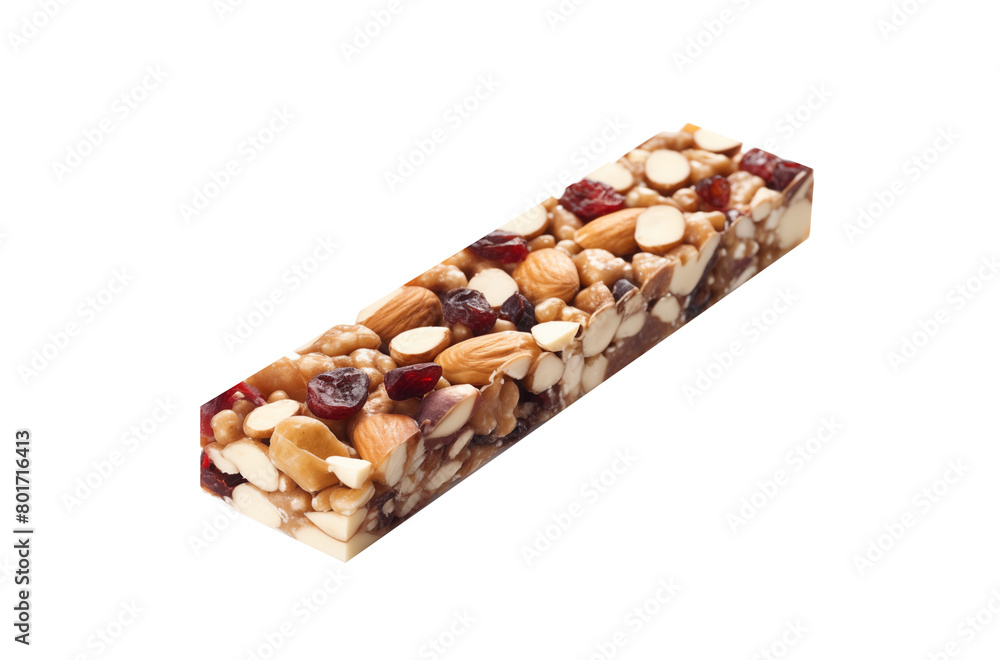 Nut and fruit bar filled with almonds, peanuts, walnuts, and dried cranberries, isolated on a transparent background. Generative AI Nut and fruit bar filled with almonds, peanuts, walnuts, and dried cranberries, isolated on a transparent background. Generative AI
