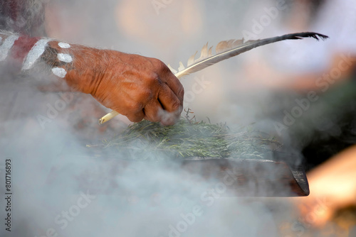 Human hands hold wooden dish with Australian plant branches, the smoke ritual rite at a indigenous community event in Australia