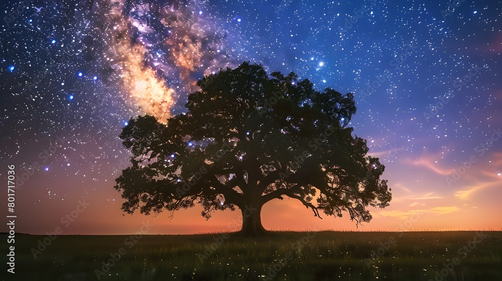 A majestic oak tree stands alone in a grassy field under a starry sky, with the Milky Way galaxy brilliantly visible in the background, blending into a colorful sunset on the horizon.
A majestic oak tree stands alone in a grassy field under a starry sky, with the Milky Way galaxy brilliantly visible in the background, blending into a colorful sunset on the horizon.
