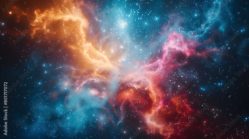 Obraz premium An awe-inspiring view of a vibrant nebula with swirling clouds of colorful gas and dust. The image highlights the dynamic and ethereal nature of interstellar space.