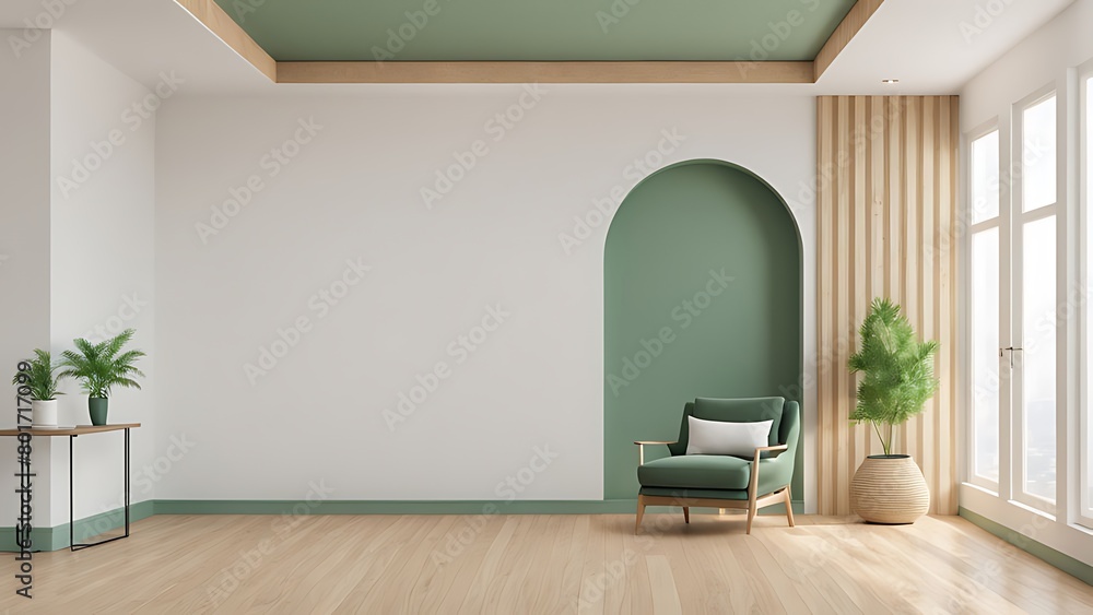 Fototapeta premium Mockup wall living room with green armchair on empty white wall background- 3D rendering 