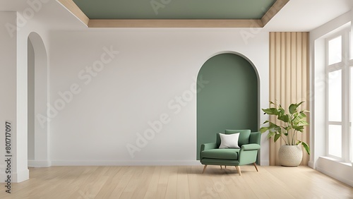  Mockup wall living room with green armchair on empty white wall background- 3D rendering 