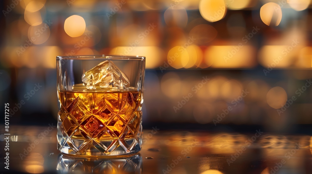A classic whiskey scotch drink, adorned with ice cubes, rests in a glass at the pub bar. Background night club mock-up decoration—a glass of whiskey with an ice cube poised on the counter. A classic whiskey scotch drink, adorned with ice cubes, rests in a glass at the pub bar. Background night club mock-up decoration—a glass of whiskey with an ice cube poised on the counter.