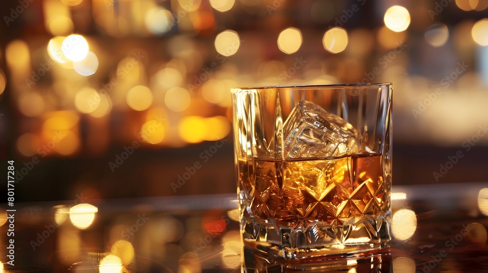 A classic whiskey scotch drink, adorned with ice cubes, rests in a glass at the pub bar. Background night club mock-up decoration—a glass of whiskey with an ice cube poised on the counter. A classic whiskey scotch drink, adorned with ice cubes, rests in a glass at the pub bar. Background night club mock-up decoration—a glass of whiskey with an ice cube poised on the counter.