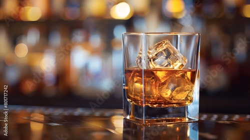 A classic whiskey scotch drink, adorned with ice cubes, rests in a glass at the pub bar. Background night club mock-up decoration—a glass of whiskey with an ice cube poised on the counter.