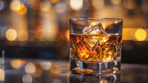 A classic whiskey scotch drink, adorned with ice cubes, rests in a glass at the pub bar. Background night club mock-up decoration—a glass of whiskey with an ice cube poised on the counter. photo