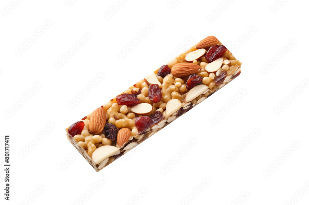 Nut and fruit bar filled with almonds, peanuts, walnuts, and dried cranberries, isolated on a transparent background. Generative AI Nut and fruit bar filled with almonds, peanuts, walnuts, and dried cranberries, isolated on a transparent background. Generative AI
