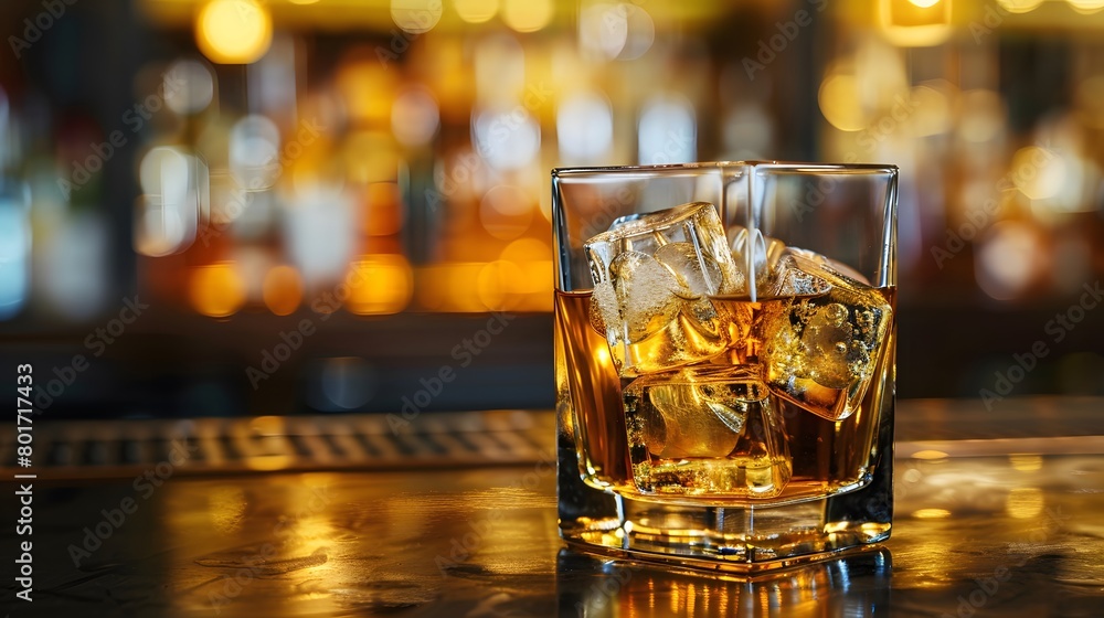 A classic whiskey scotch drink, adorned with ice cubes, rests in a glass at the pub bar. Background night club mock-up decoration—a glass of whiskey with an ice cube poised on the counter. A classic whiskey scotch drink, adorned with ice cubes, rests in a glass at the pub bar. Background night club mock-up decoration—a glass of whiskey with an ice cube poised on the counter.