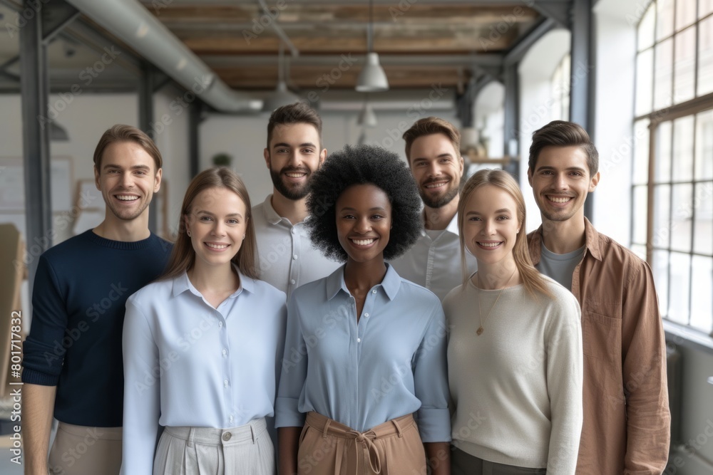 Portrait of smiling multiethnic businesspeople standing in office, looking at camera. Multiethnic group of employees standing together in modern office. Teamwork concept Portrait of smiling multiethnic businesspeople standing in office, looking at camera. Multiethnic group of employees standing together in modern office. Teamwork concept