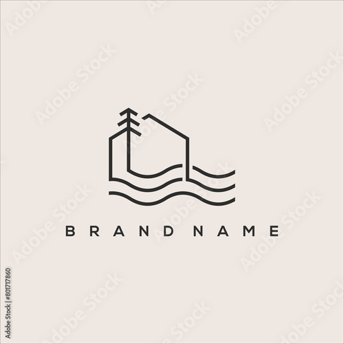 line art lake house or river house tree logo vector