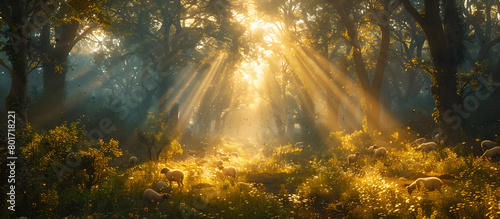 Sheep Wandering Through Magical Autumn Forest Bathed in Warm Sunlight Rays