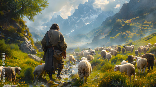 Shepherd and Loyal Sheepdog Guiding Flock Through Verdant Alpine Valley with Majestic Mountain Backdrop