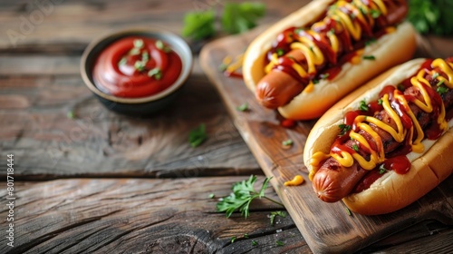 American Holiday Hot Dogs on Wood Background for Labor Day and Memorial Day Celebrations - AI Generated photo