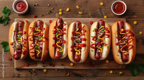 American Holiday Hot Dogs on Wood Background for Labor Day and Memorial Day Celebrations - AI Generated