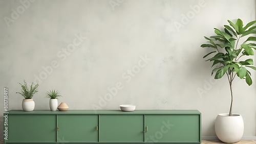  Green cabinet and accessories decor in living room interior on empty plaster wall background- 3D rendering 