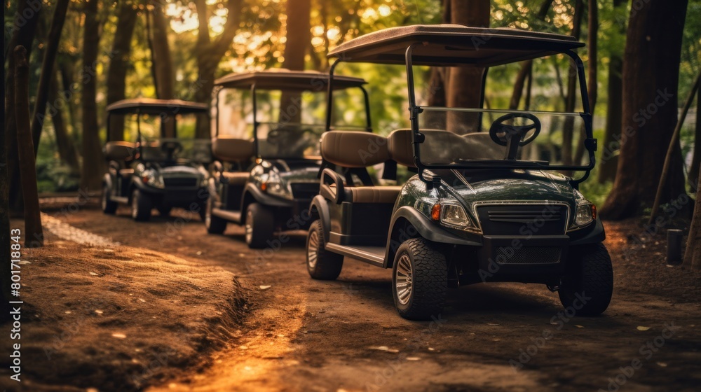 parked golf cart with sunset background.AI generated image